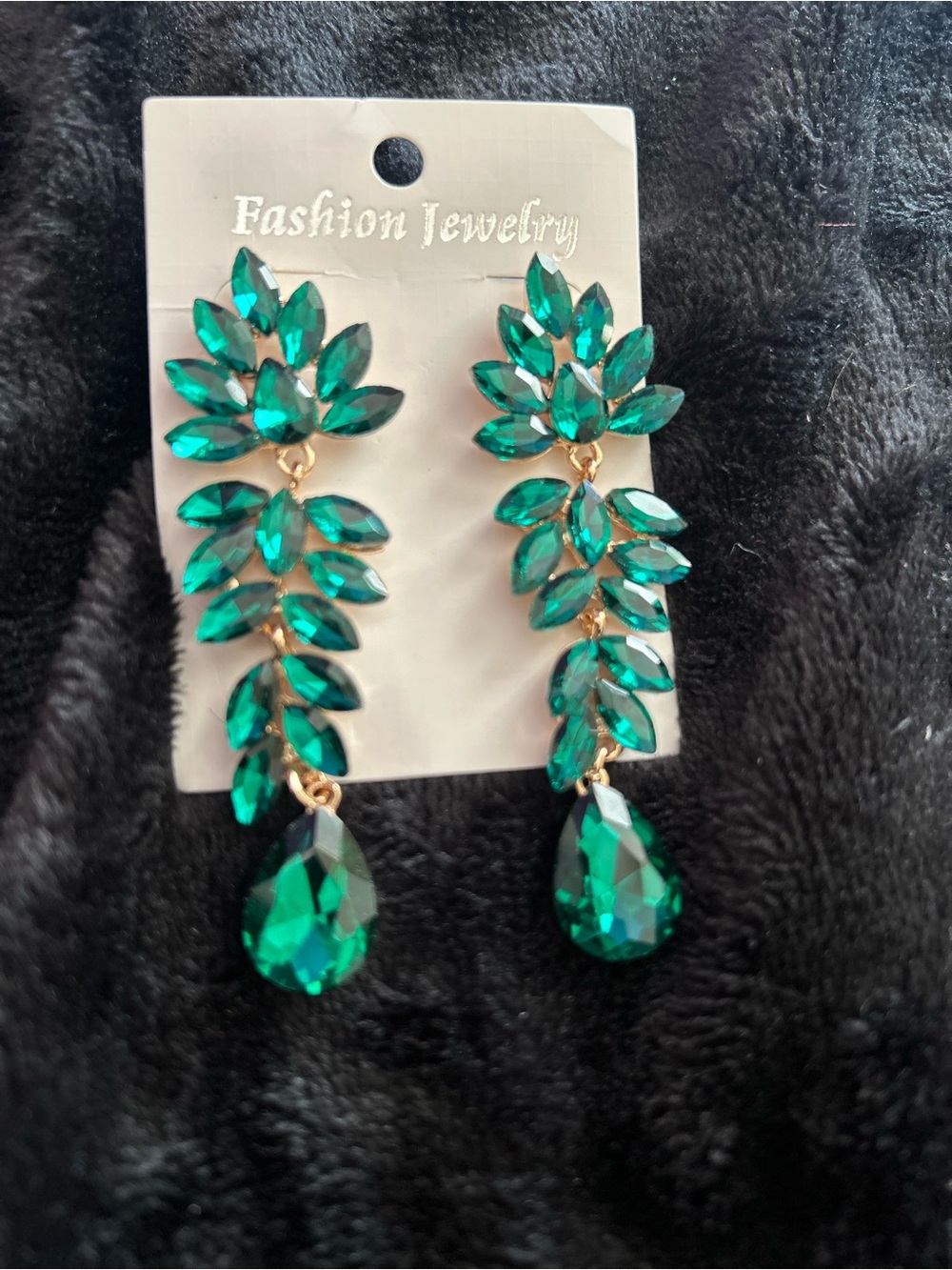 Fashion Jewelry Gold-Tone Emerald Crystal Leaf Cascade Earrings